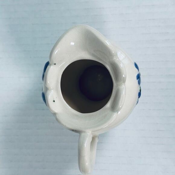 Vintage Folk Art Creamer/ Small Pitcher Ceramic Hand Painted White w/Blue Flower - Picture 8 of 12